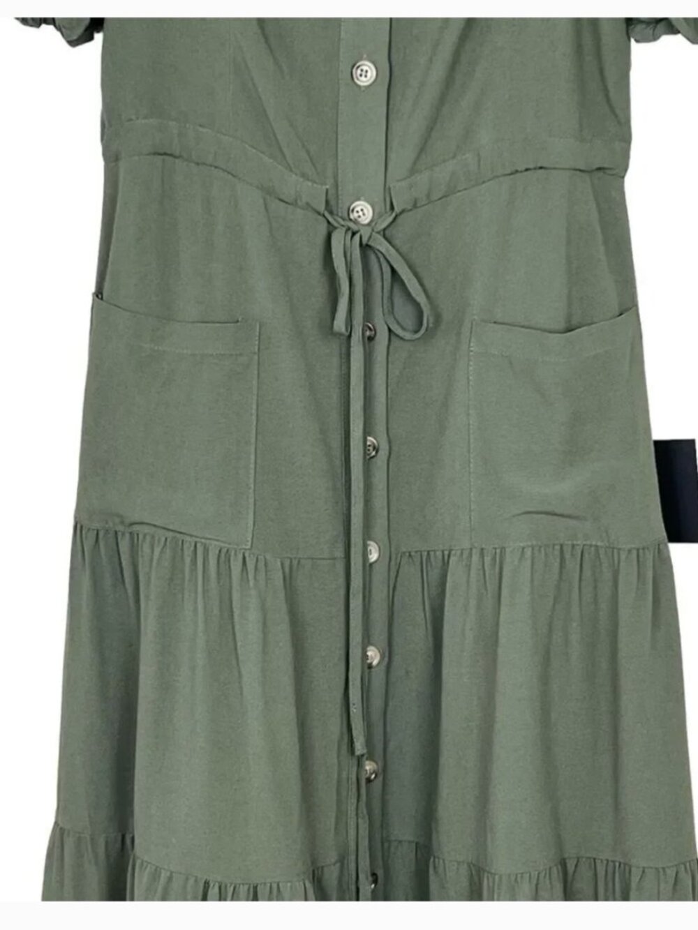 Lulus NEW Puff Sleeve Tiered Midi Dress Sz M Green Army Prairie Cottagecore - Picture 8 of 13